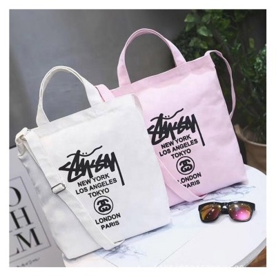 Text Style Customized Logo Pink White Girl Women Cotton Canvas Fashion Tote Bag